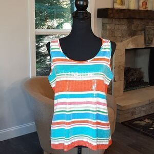 Ruby Rd Colorful Striped Shirt with Clear Sequins on Front NWOT